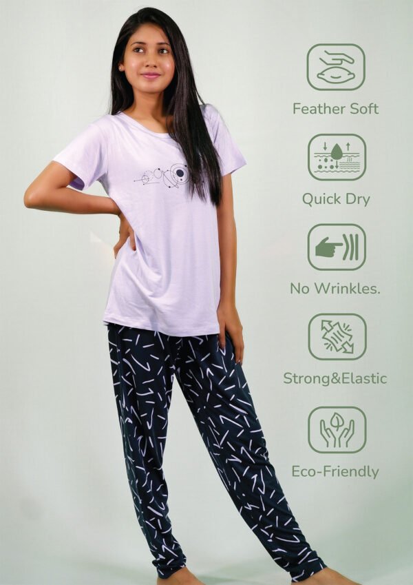 Planets Print Lilac T-shirt & Navy Pant Night Dress - Image 4