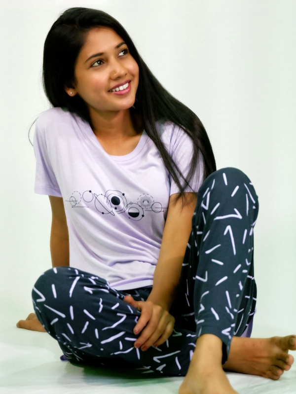 Planets Print Lilac T-shirt & Navy Pant Night Dress - Image 3