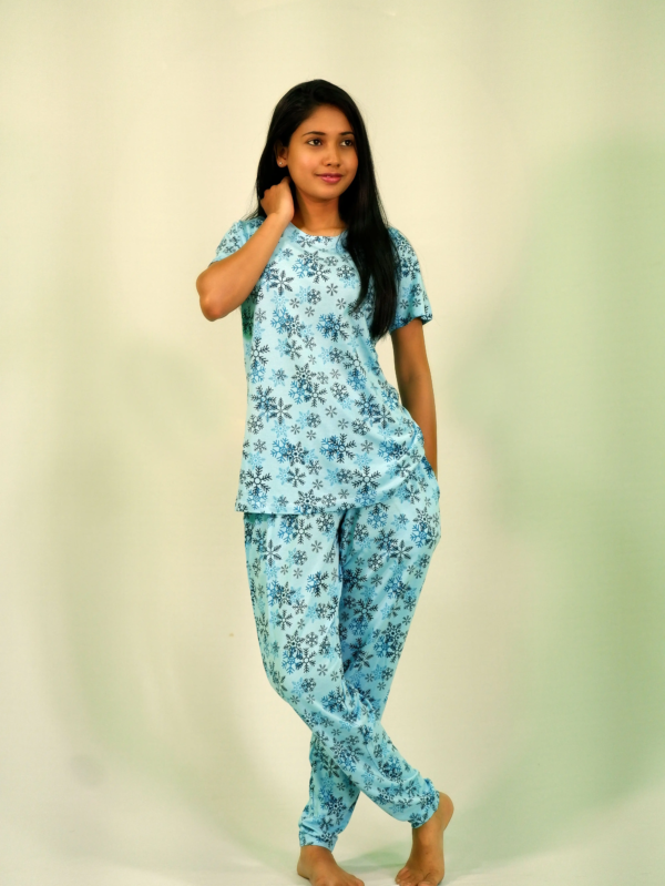 Snowflake Print T-shirt & Pant Night Dress in Air Blue